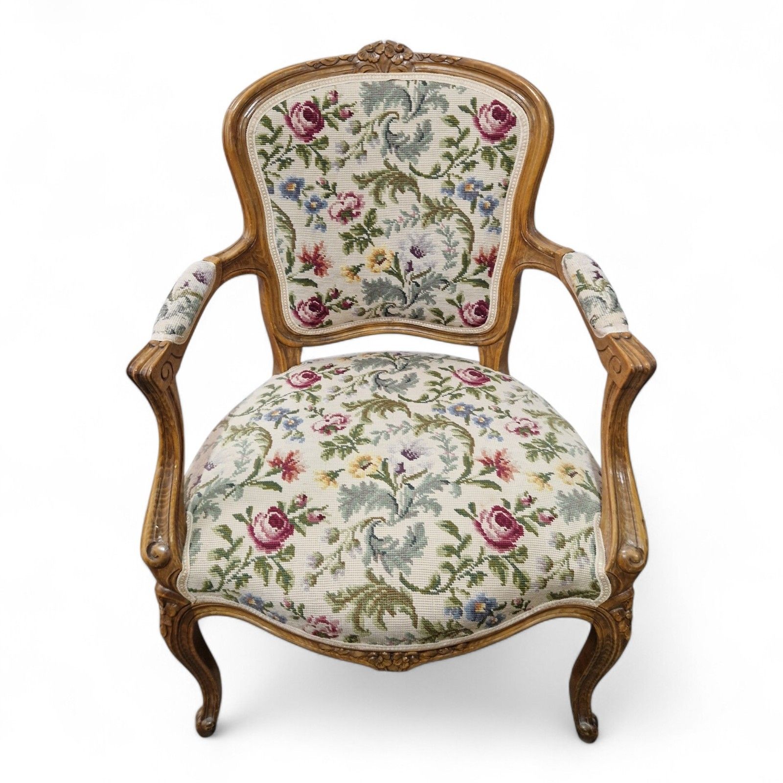 French Walnut Armchair Carved Cabriole Floral Upholstery Bedroom Chair Pretty photo for sale