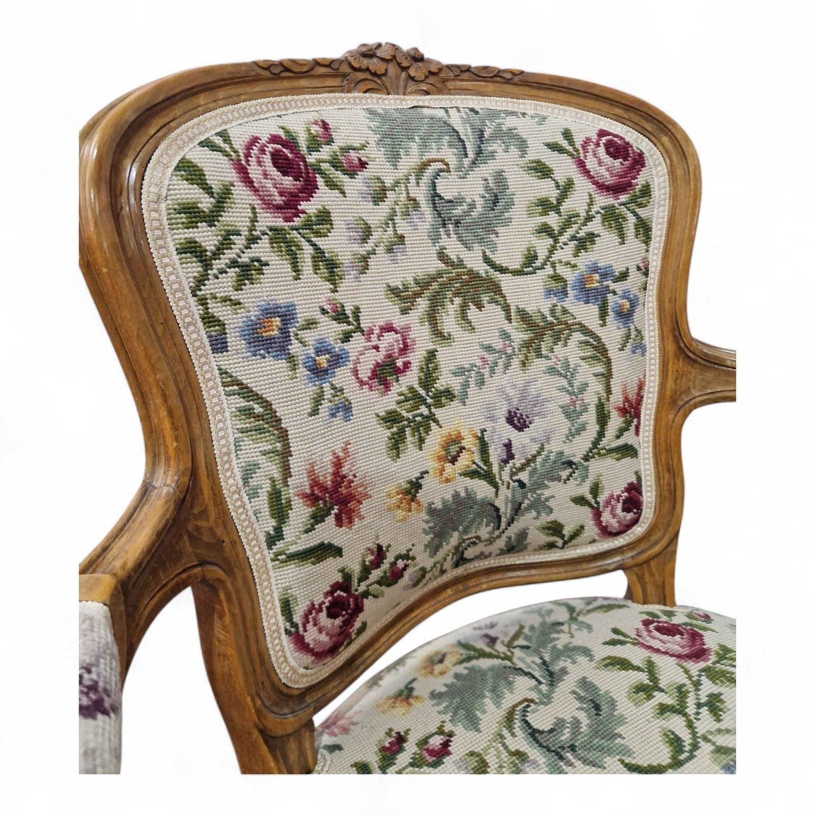 French Walnut Armchair Carved Cabriole Floral Upholstery Bedroom Chair Pretty photo Furniture