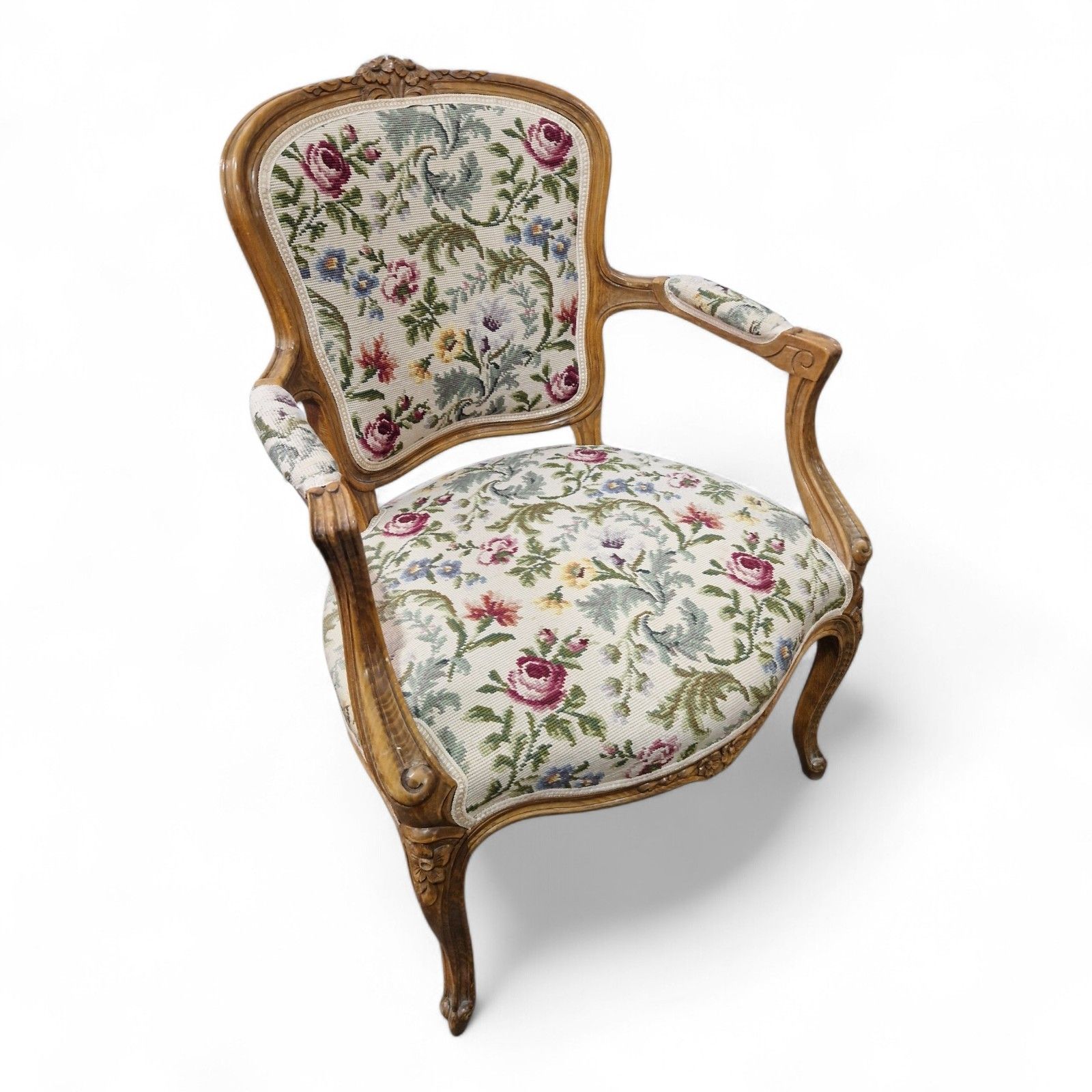 French Walnut Armchair Carved Cabriole Floral Upholstery Bedroom Chair Pretty photo vinterior