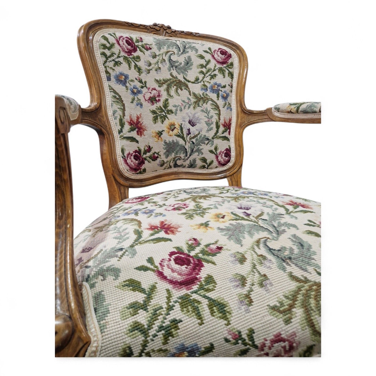 French Walnut Armchair Carved Cabriole Floral Upholstery Bedroom Chair Pretty photo buy