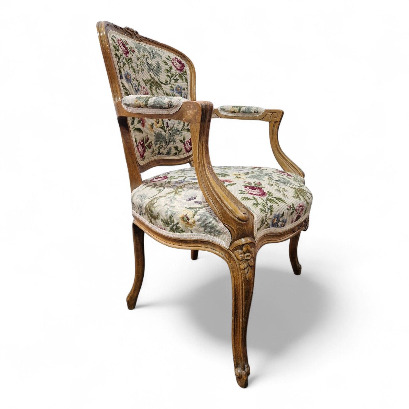 French Walnut Armchair Carved Cabriole Floral Upholstery Bedroom Chair Pretty photo vintage