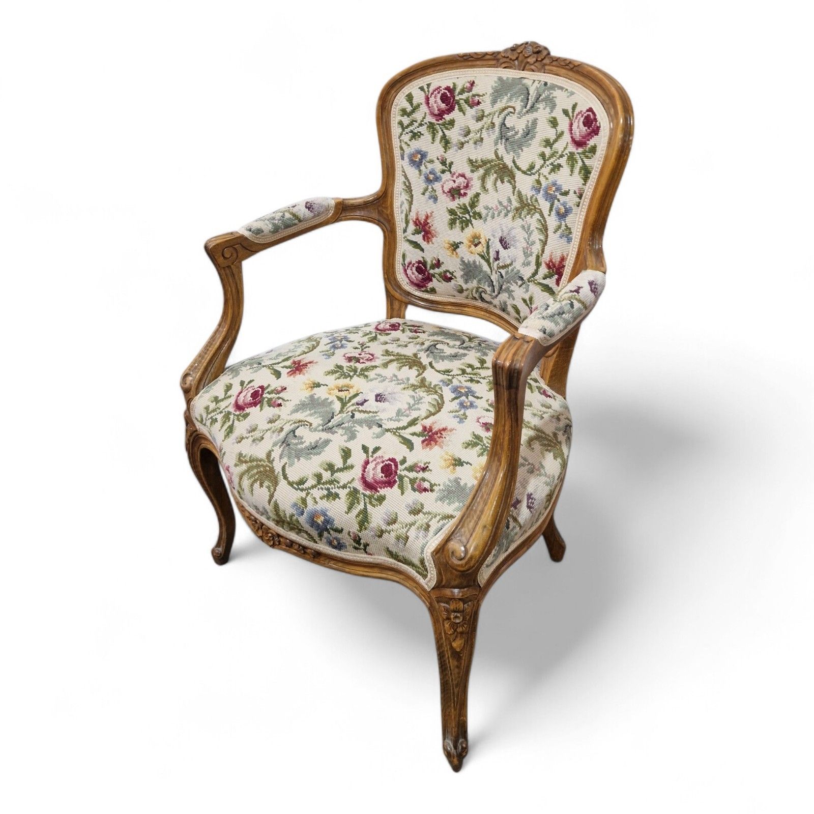 photo buy French Walnut Armchair Carved Cabriole Floral Upholstery Bedroom Chair Pretty