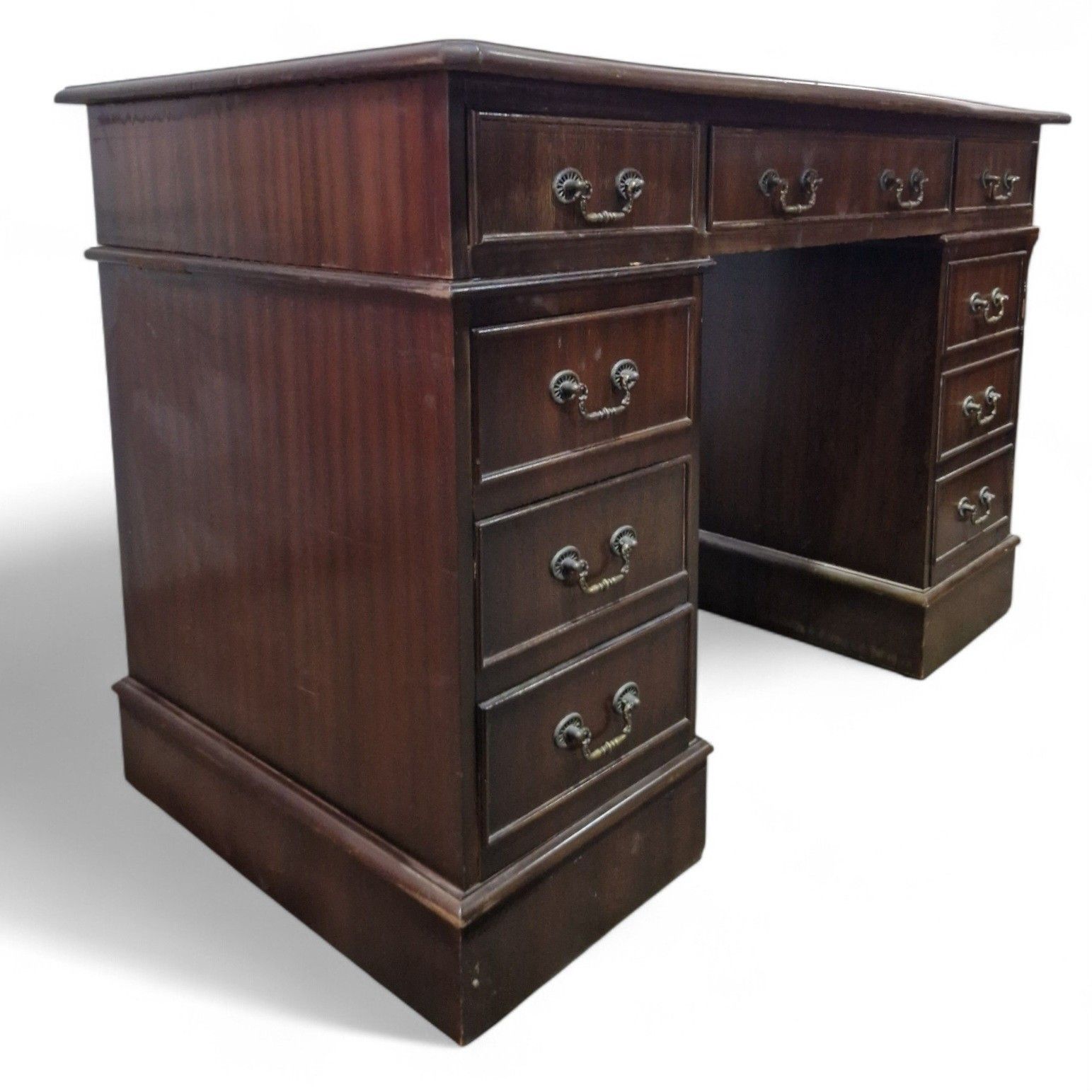 Antique Style Kneehole Desk Mahogany Pedestal Green Leather Serpentine Top photo 295.0