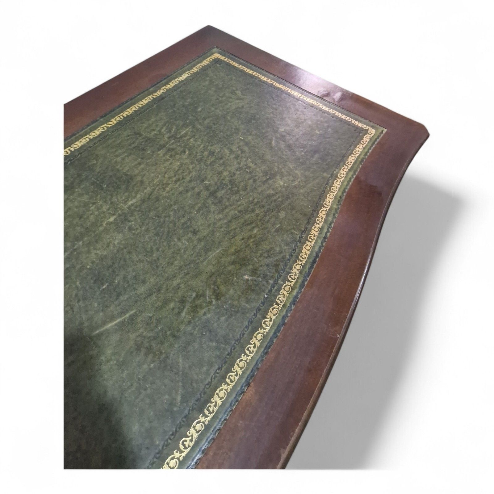 Antique Style Kneehole Desk Mahogany Pedestal Green Leather Serpentine Top photo vintage