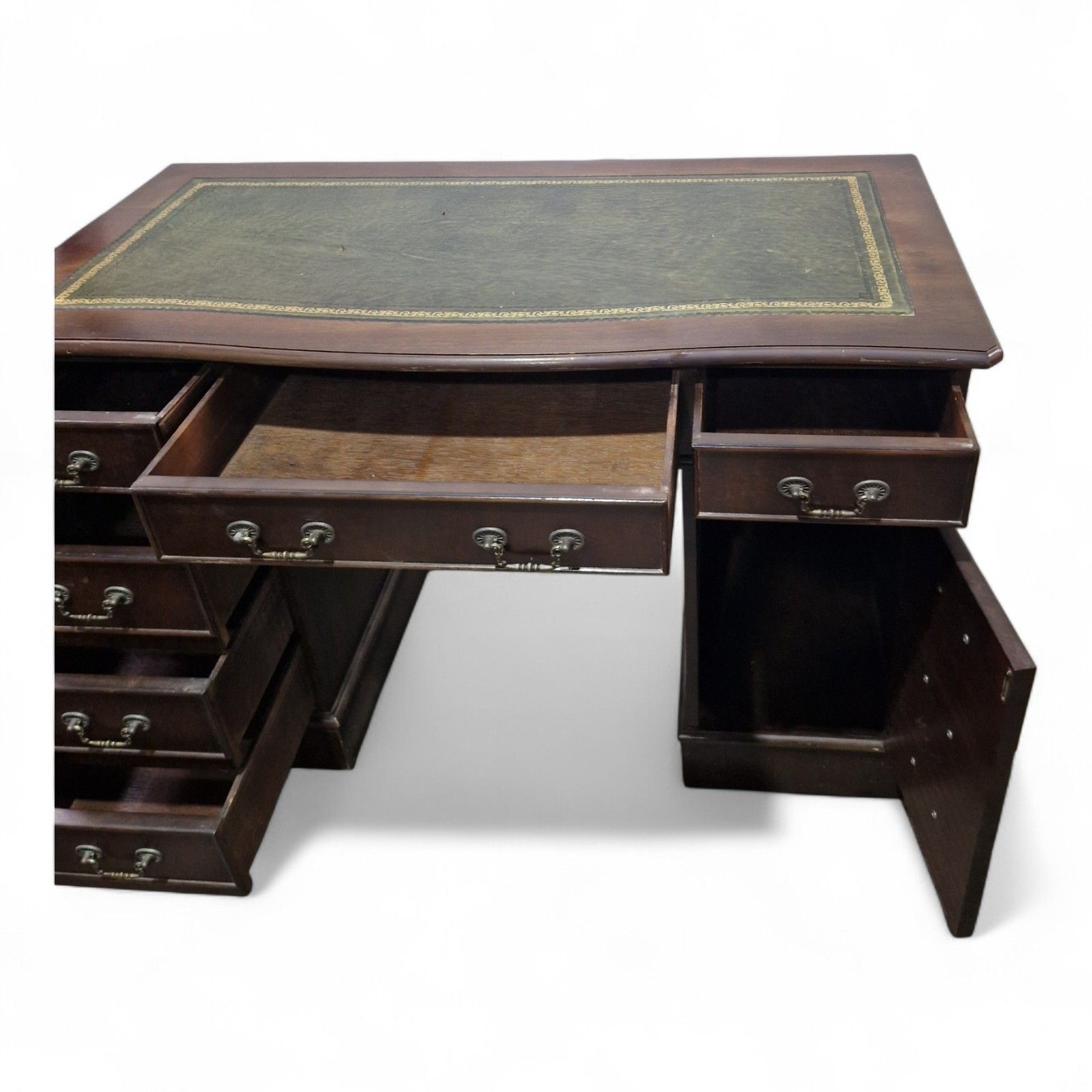 photo vinterior Antique Style Kneehole Desk Mahogany Pedestal Green Leather Serpentine Top
