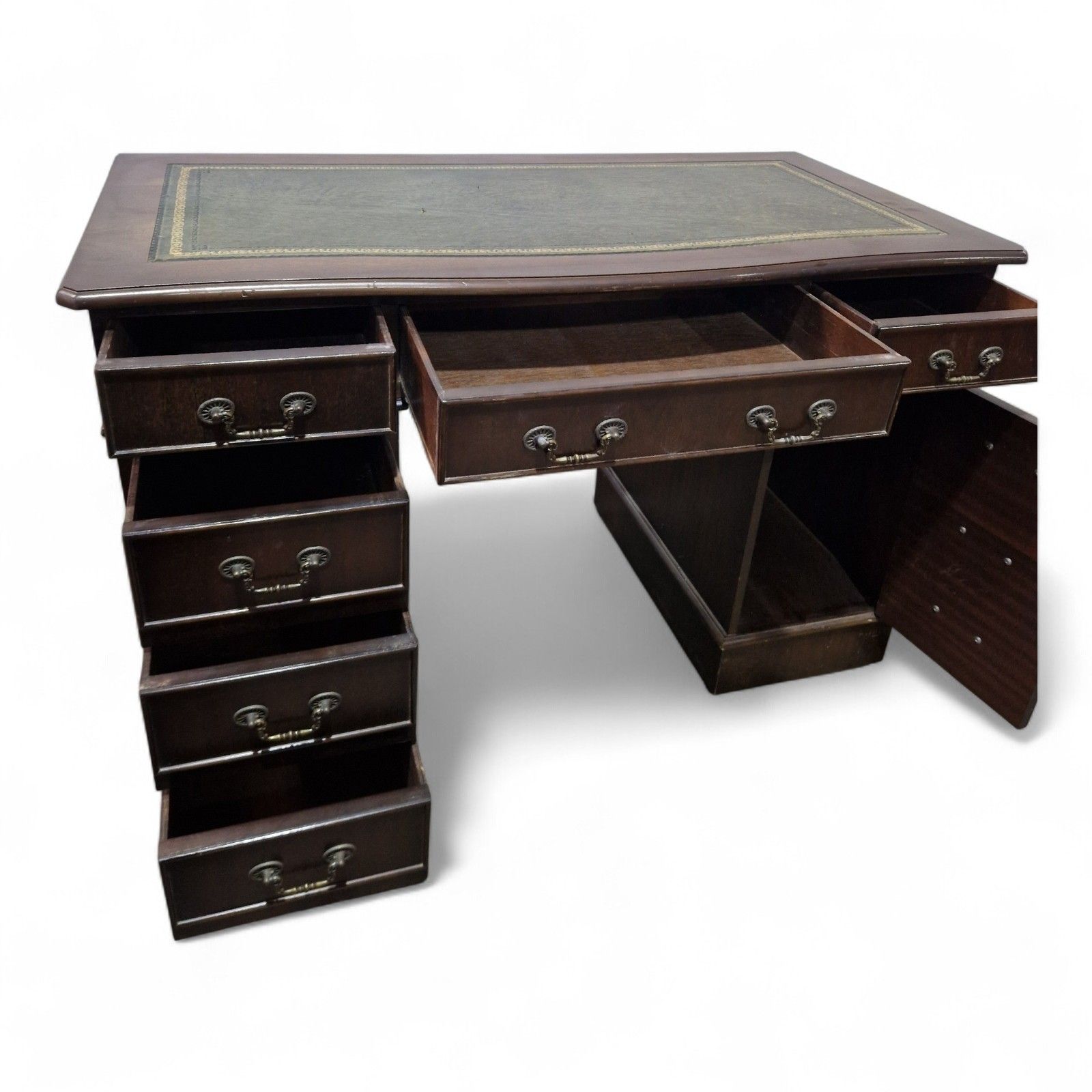 photo buy Antique Style Kneehole Desk Mahogany Pedestal Green Leather Serpentine Top
