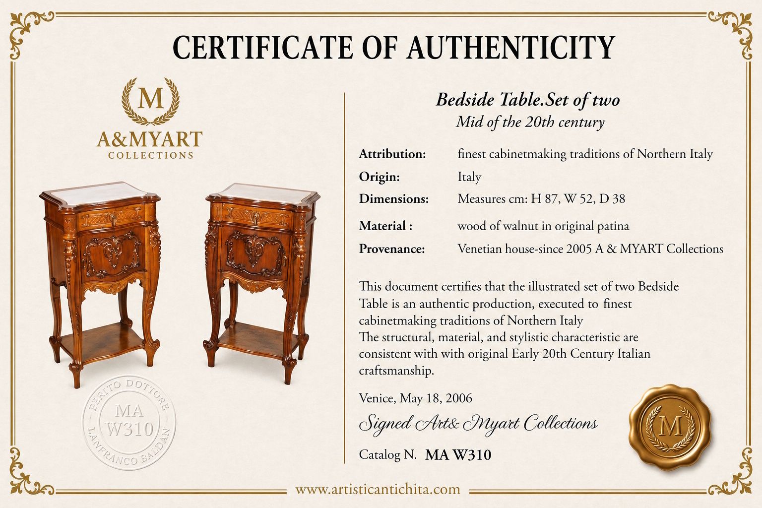 Exceptional Pair Of Italian Hand Carved Walnut Bedside Tables With Marble Tops photo furniture