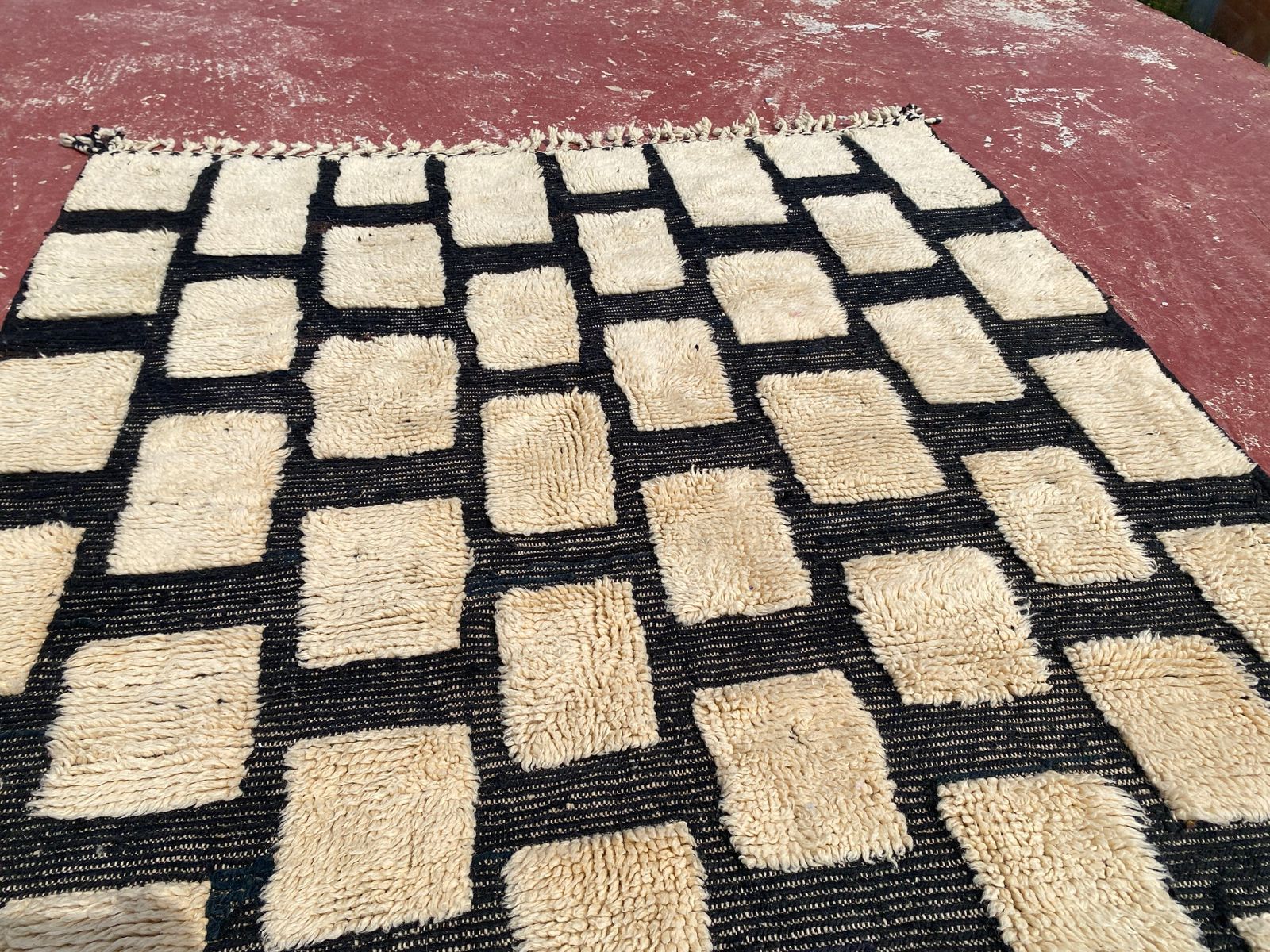 Beni Ourain Moroccan Rug – 230 X 160 Cm | Handwoven Wool | Black & Cream Geometric Grid Berber Carpet photo buy