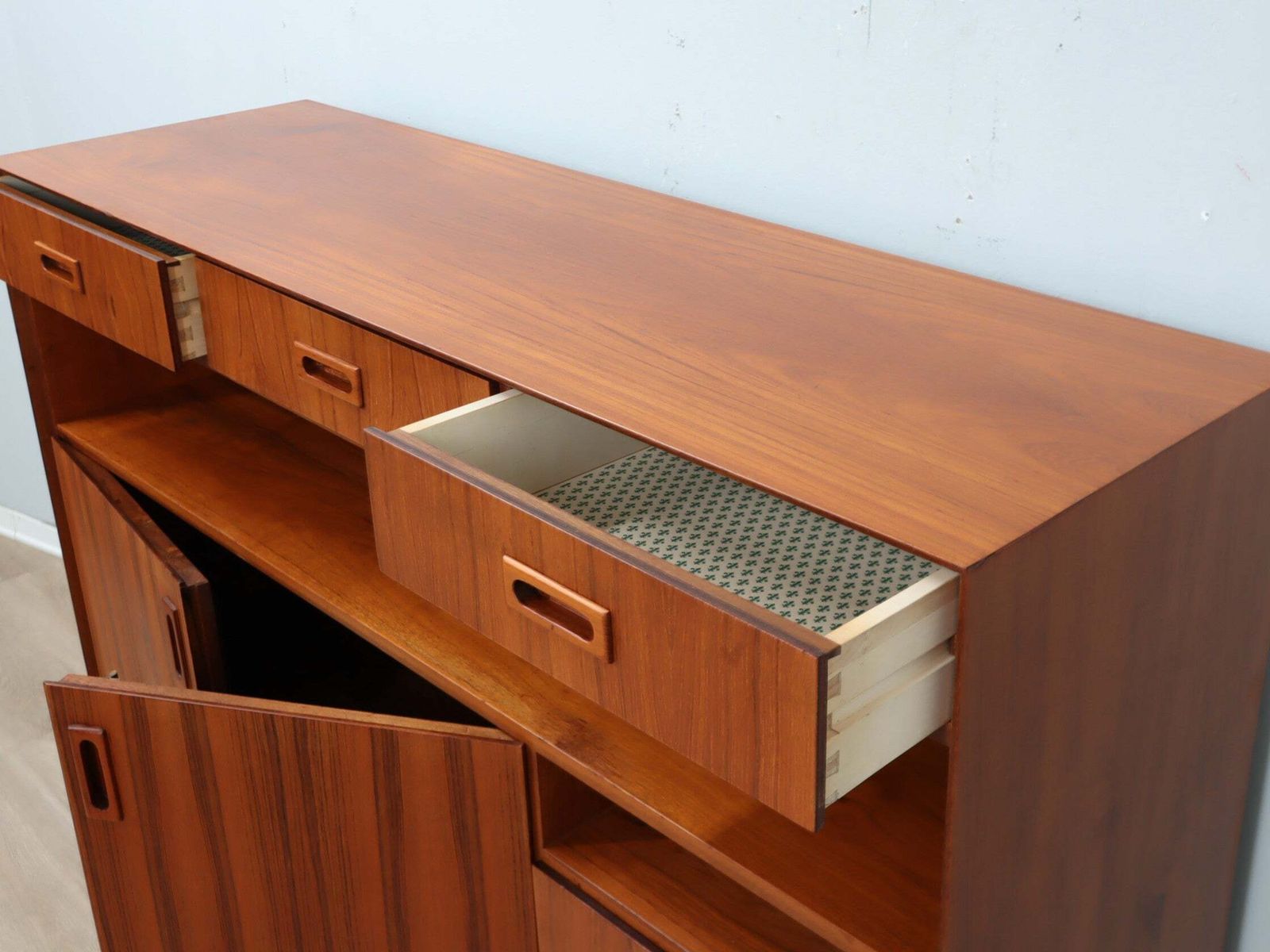 1960s Italian Mid Century Teak Highboard Restored With Brass Feet photo vintage