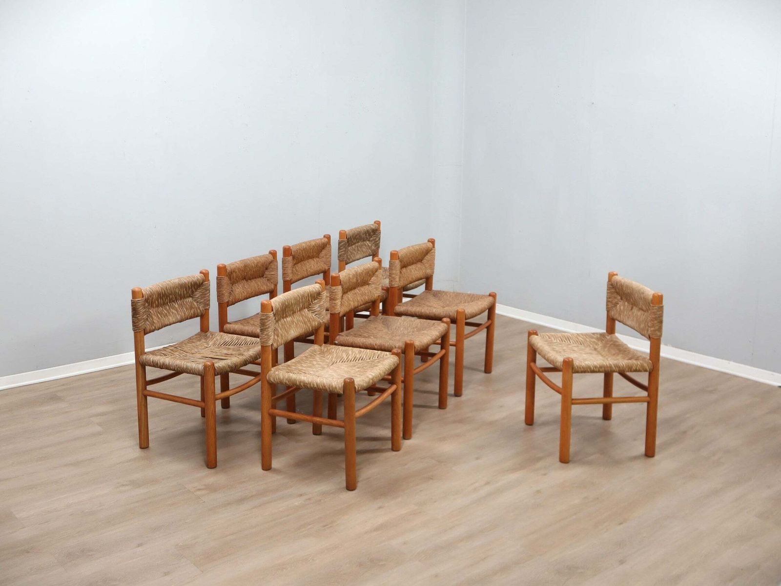 Set Of 8 Chairs 1960s Charlotte Perriand Style Woven Straw & Wood