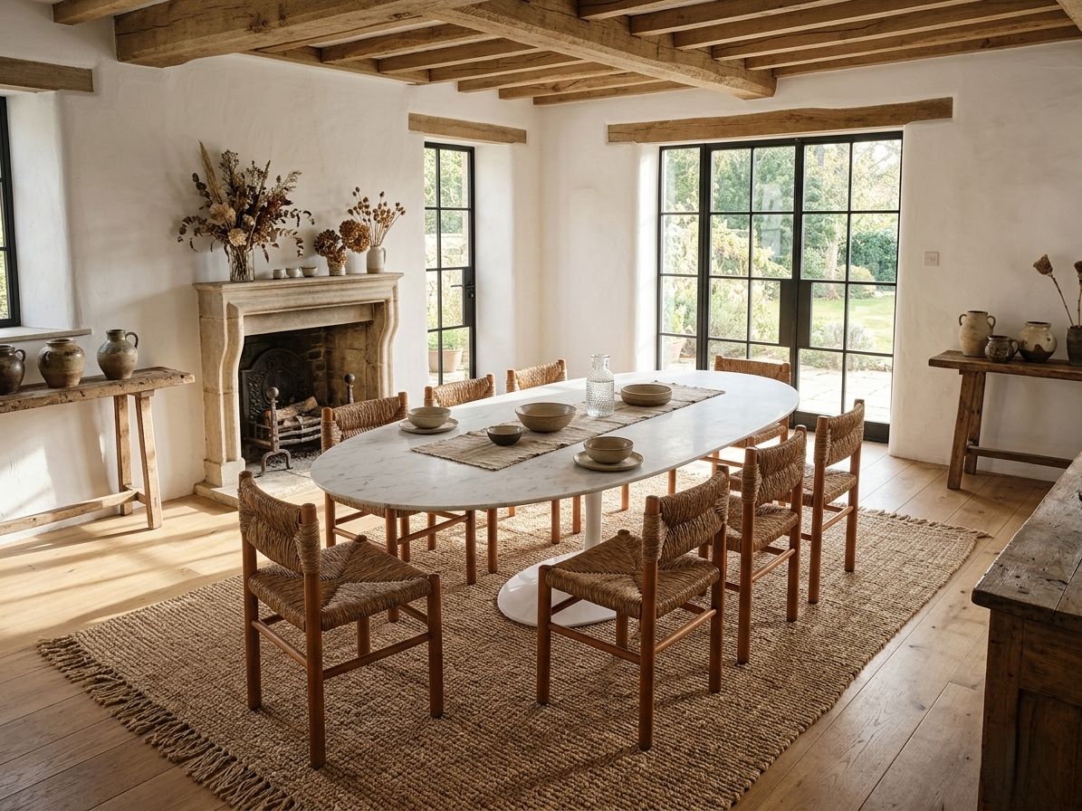 Set Of 8 Chairs 1960s Charlotte Perriand Style Woven Straw & Wood photo for sale