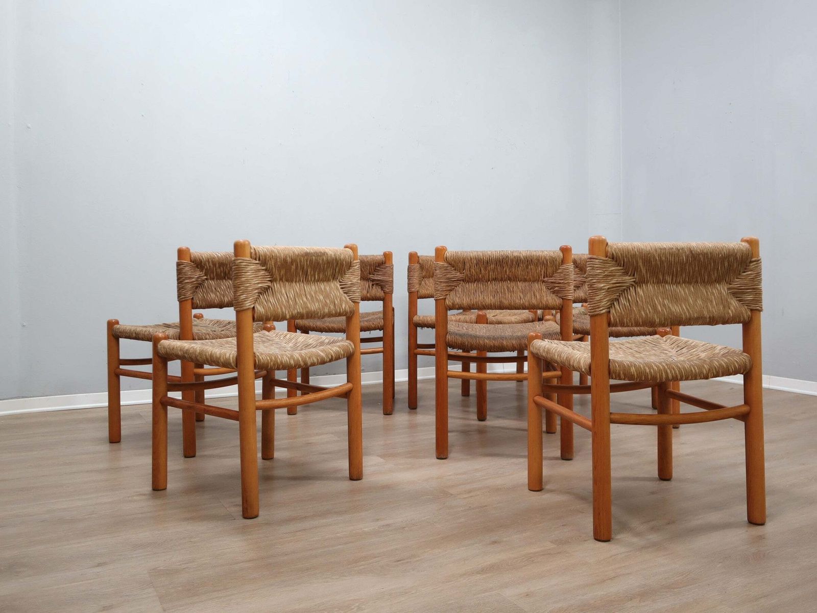 Set Of 8 Chairs 1960s Charlotte Perriand Style Woven Straw & Wood photo Furniture