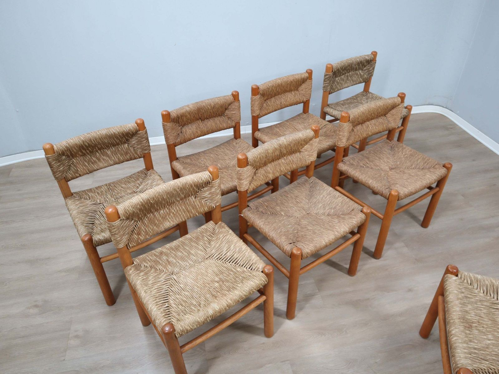 Set Of 8 Chairs 1960s Charlotte Perriand Style Woven Straw & Wood photo vintage