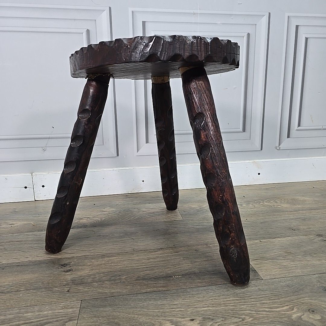 Retro Vintage Spanish Stool Brutalist Wooden Carved Horseshoe Tripod Seat photo furniture