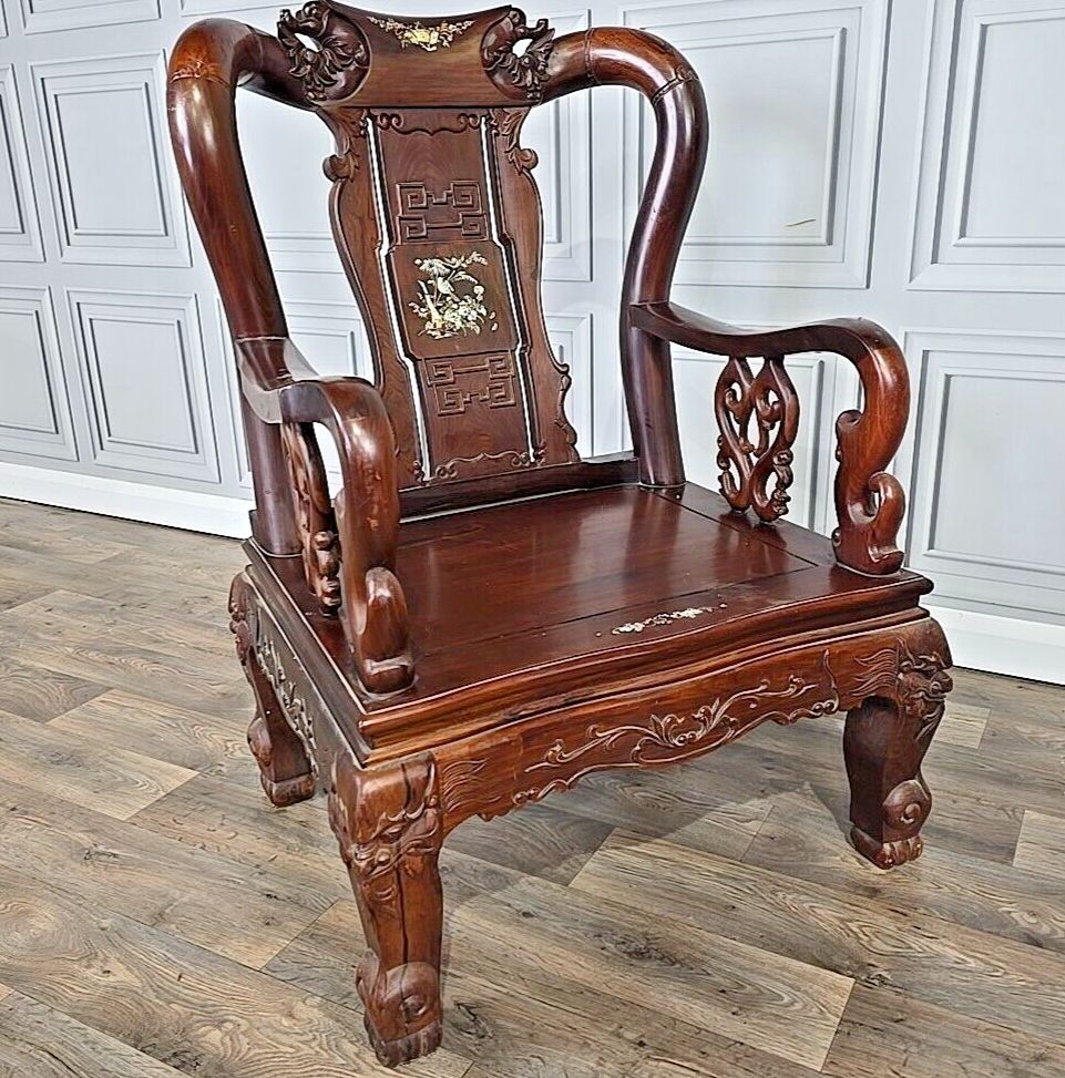 Antique Chinese Arm Chair Oriental Carved Heavy Rosewood Throne Mother Of Pearl photo furniture