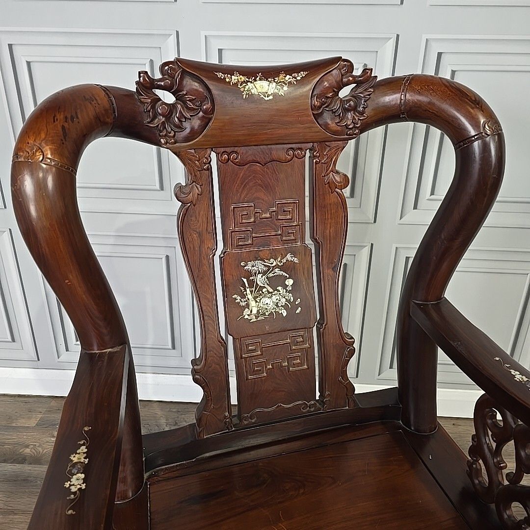 Antique Chinese Arm Chair Oriental Carved Heavy Rosewood Throne Mother Of Pearl photo Furniture