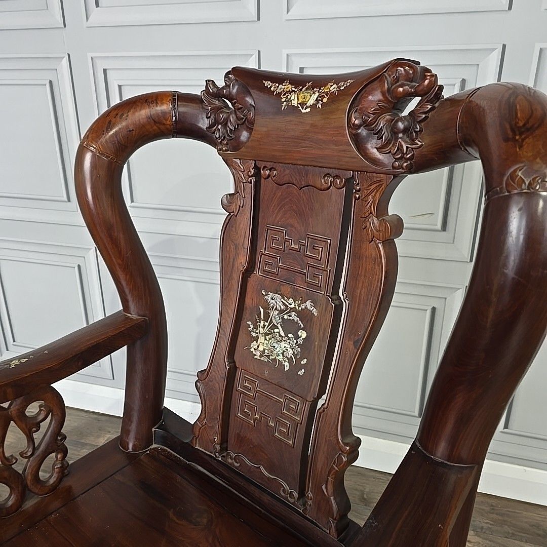 Furniture Antique Chinese Arm Chair Oriental Carved Heavy Rosewood Throne Mother Of Pearl photo