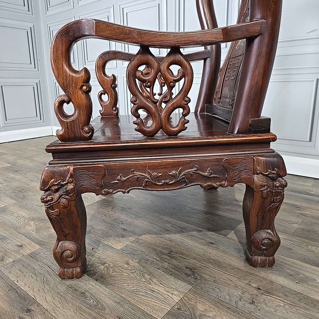 690.0 Antique Chinese Arm Chair Oriental Carved Heavy Rosewood Throne Mother Of Pearl photo