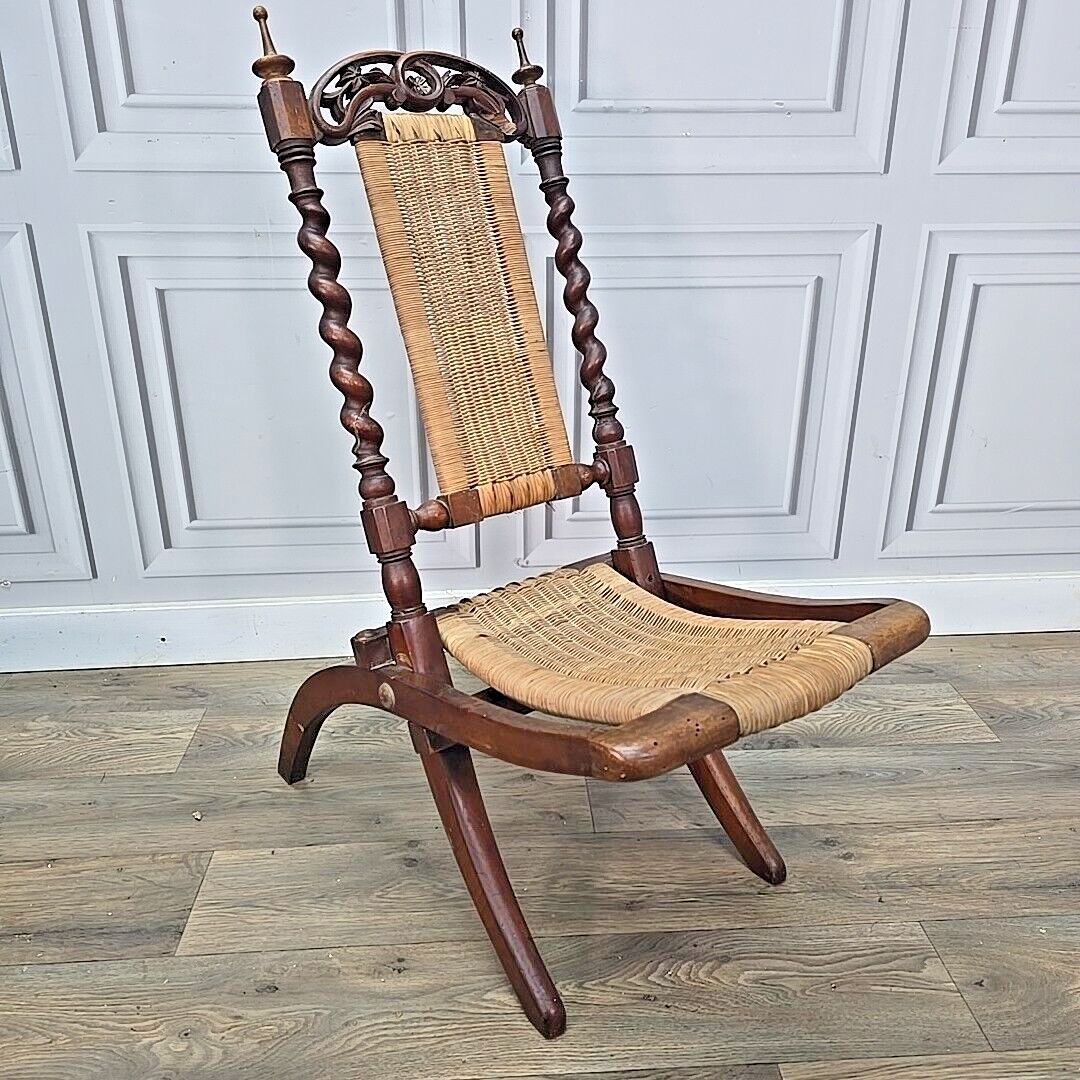 Antique Vintage Folding Chair Officers Campaign "Safari" Wooden Woven Seat