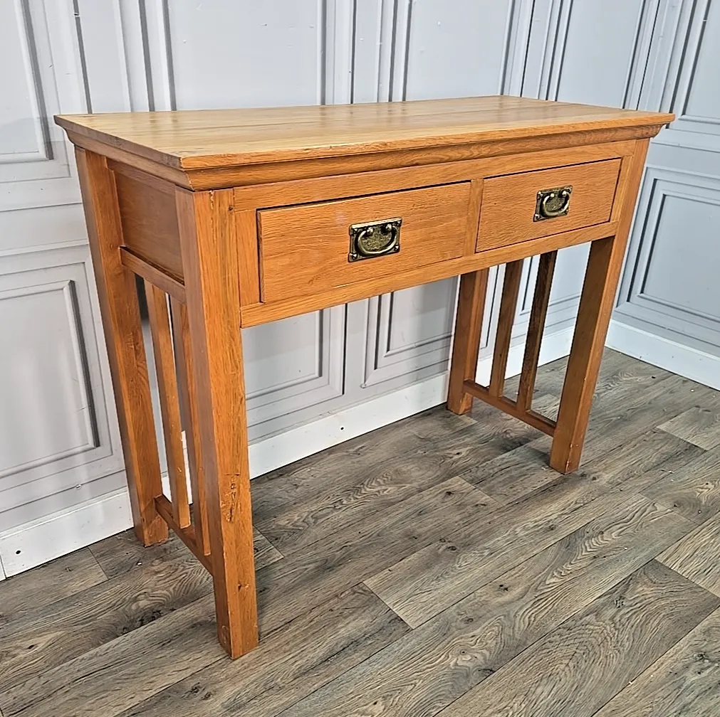 Contemporary Console Lamp Table Rustic Solid Oak Wooden 2 Drawer Hall Vintage