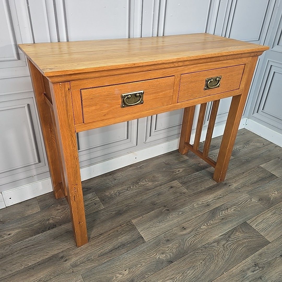 Contemporary Console Lamp Table Rustic Solid Oak Wooden 2 Drawer Hall Vintage photo furniture