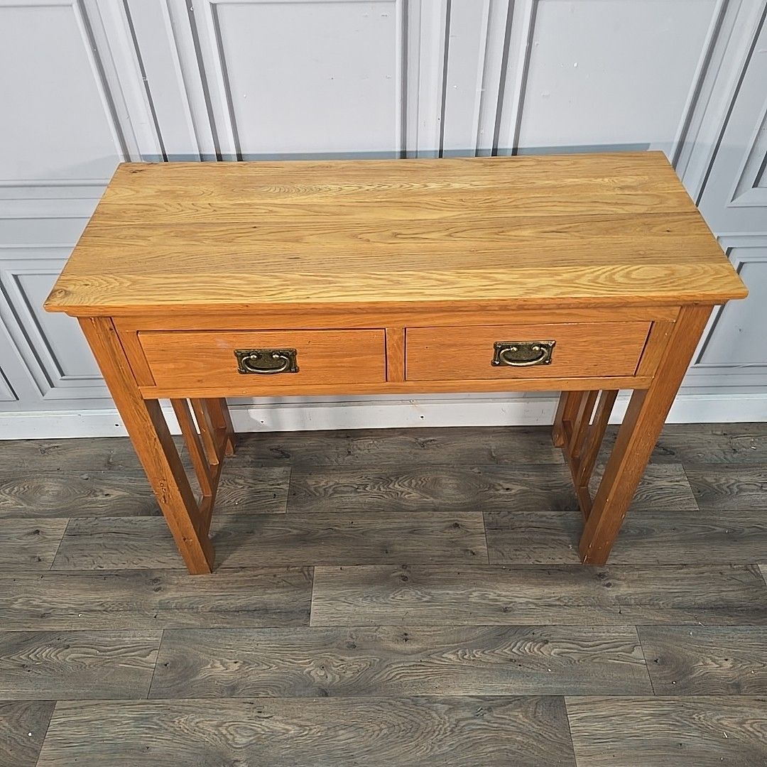 Contemporary Console Lamp Table Rustic Solid Oak Wooden 2 Drawer Hall Vintage photo for sale