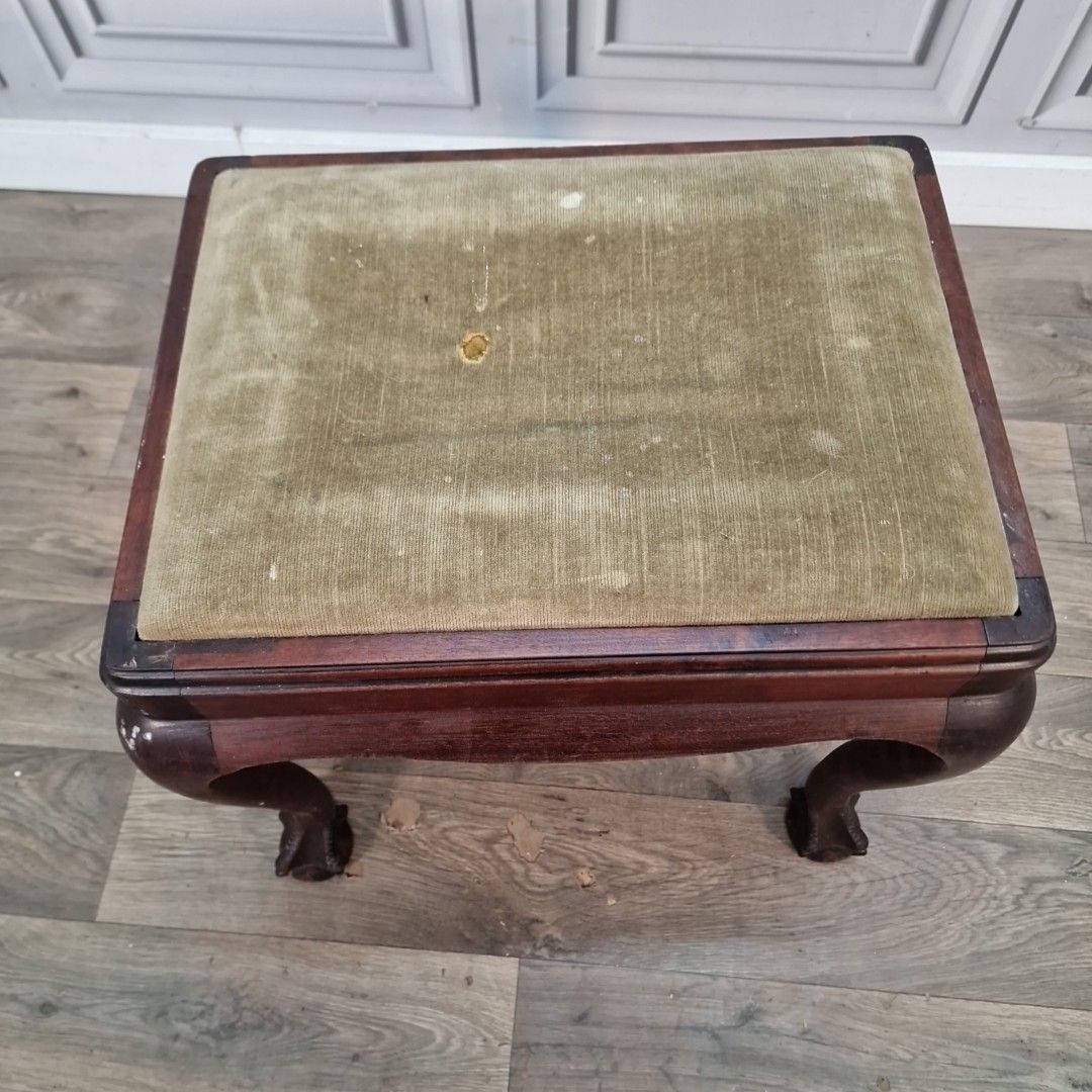 Antique Upholstered Piano Stool Solid Wood Footstool Queen Anne Ball Claw Feet photo Furniture