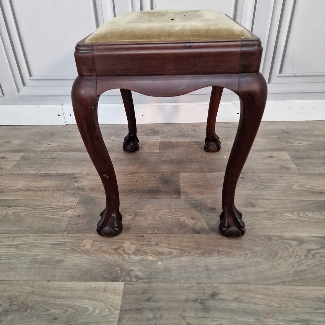 Furniture Antique Upholstered Piano Stool Solid Wood Footstool Queen Anne Ball Claw Feet photo