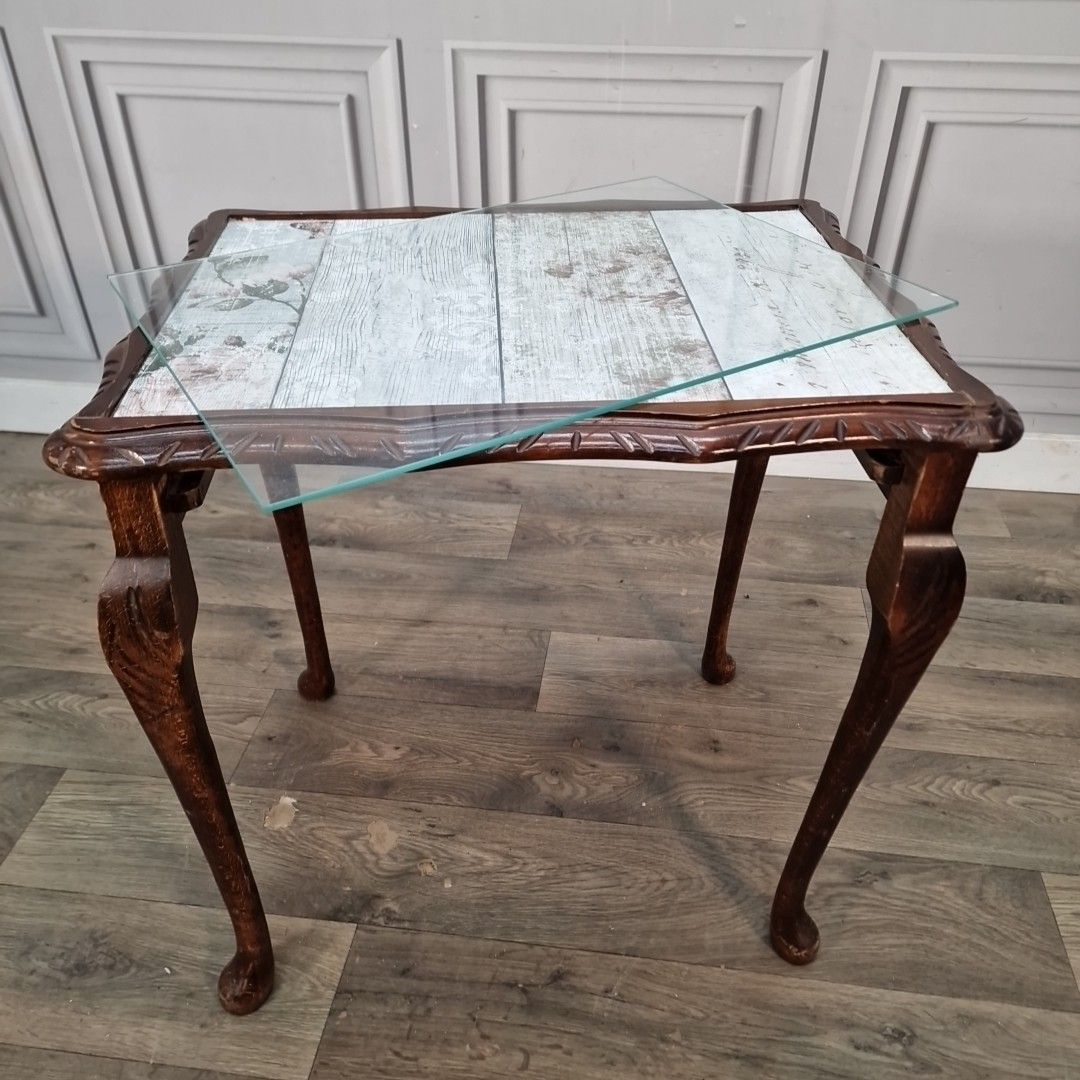 photo buy Vintage Side Coffee Table Glass Top Occasional Table Retro Wooden Carved