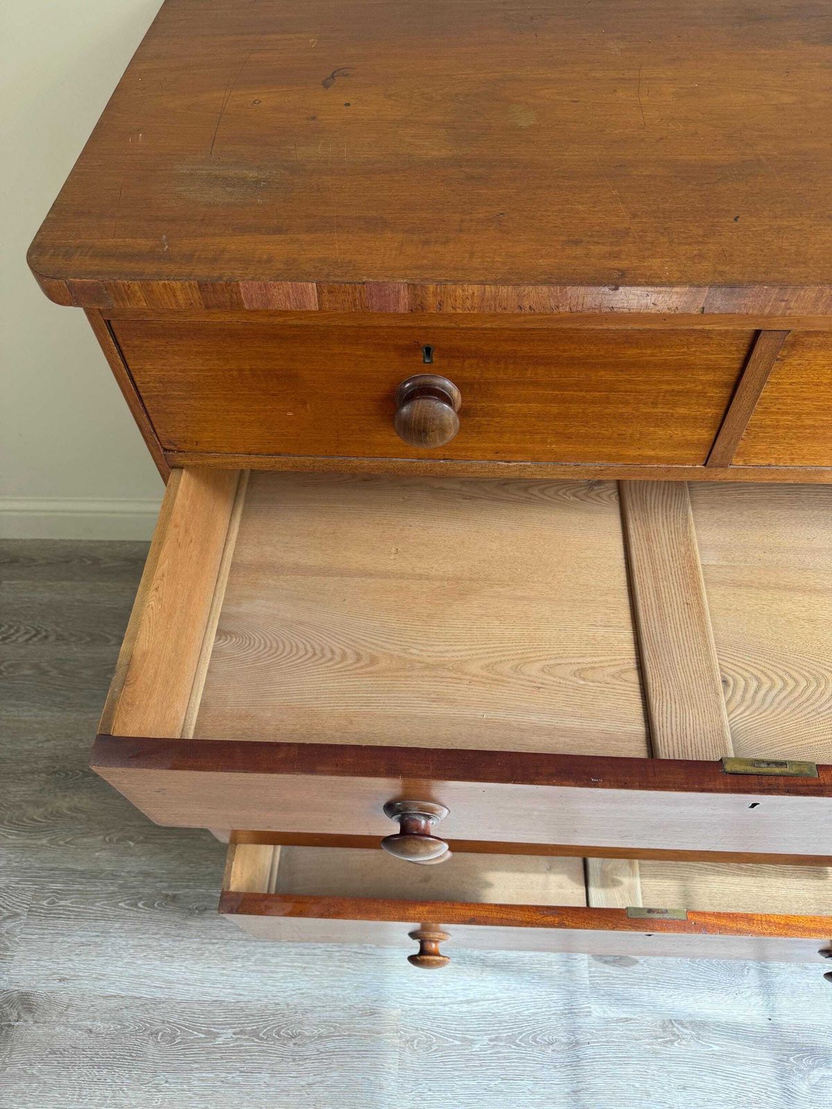 Furniture Antique Large Chest Of Drawers 2 Over 3 Upon Bun Feet Original Handles photo