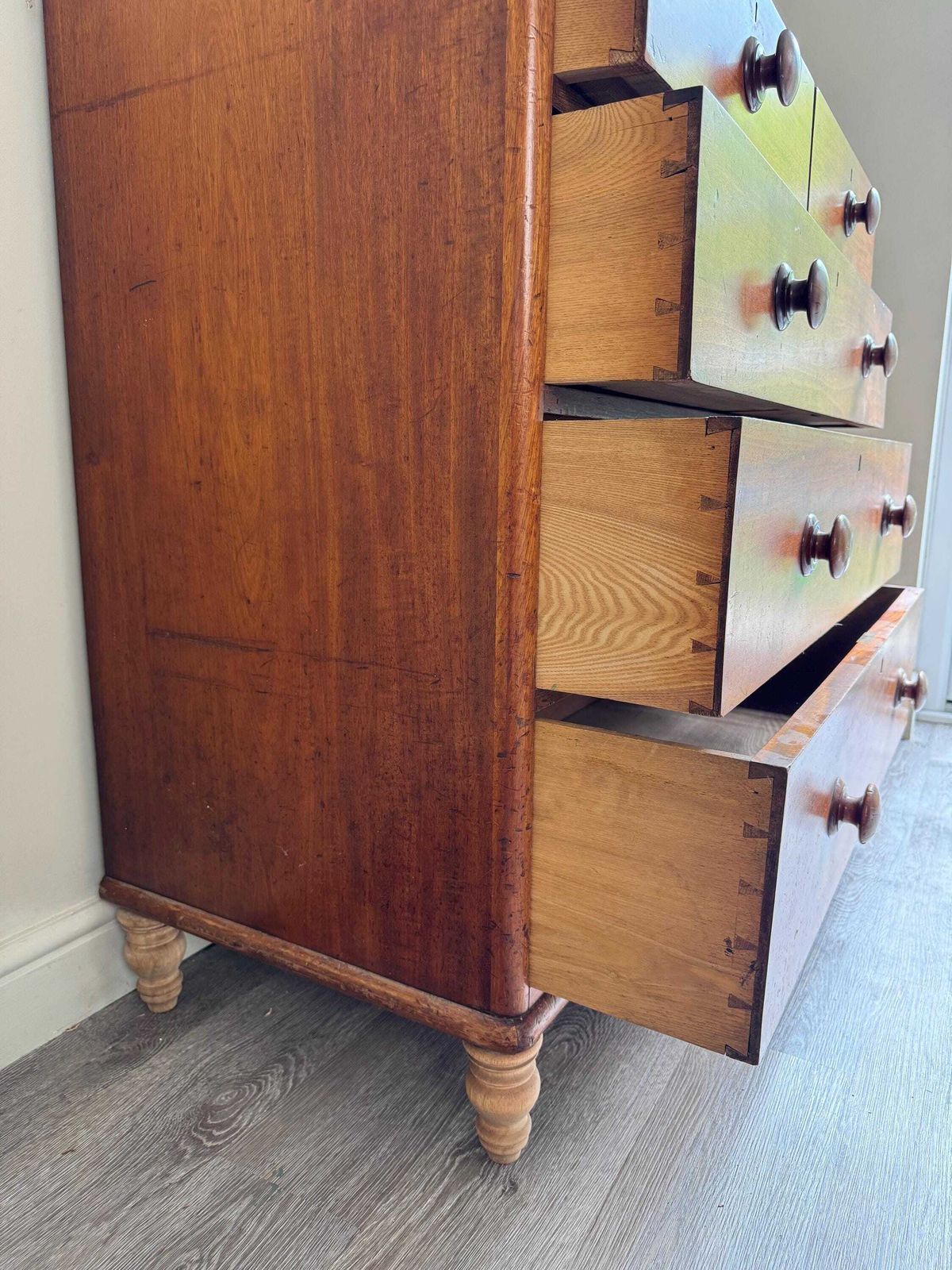 850.0 Antique Large Chest Of Drawers 2 Over 3 Upon Bun Feet Original Handles photo