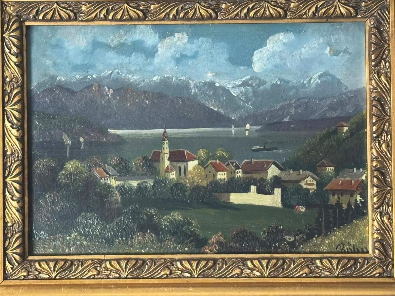 Antique European Landscape Painting In Ornate Gold Frame, Mountain Lake Village Scene, Signed Wall Art photo furniture