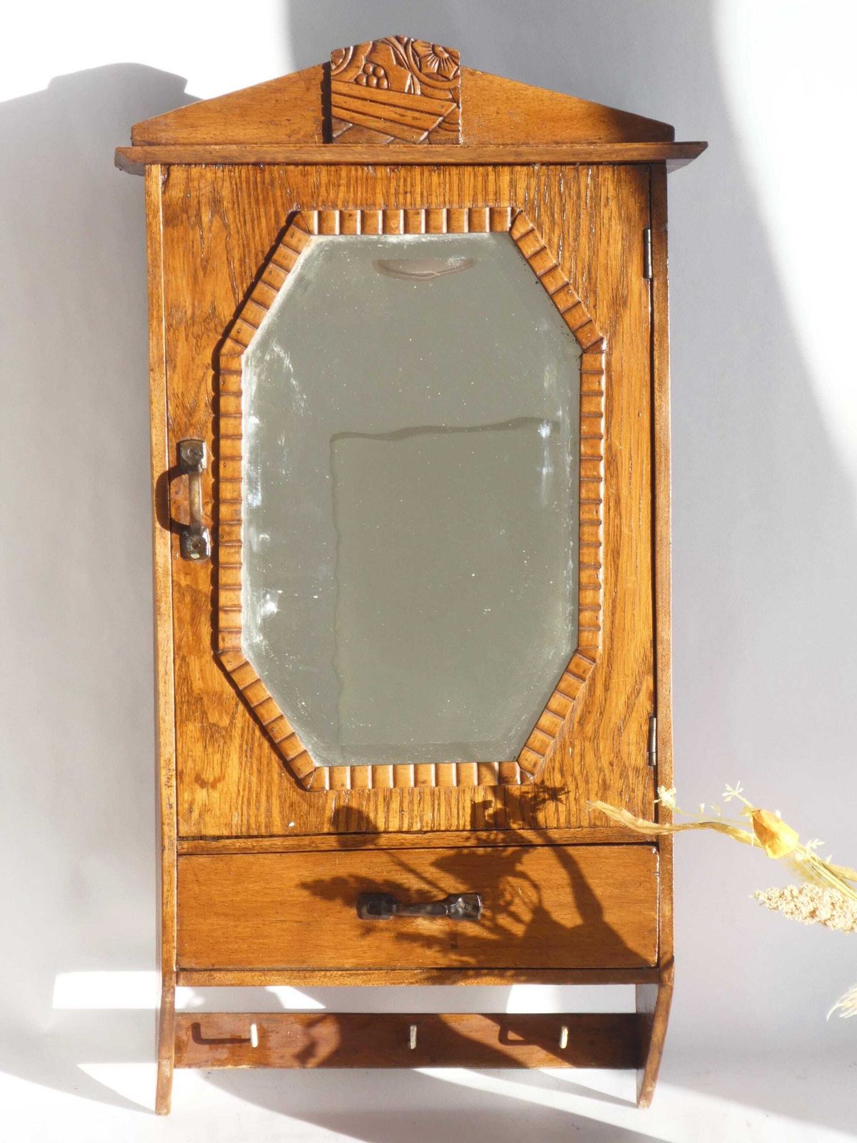 Antique Art Deco Wooden Wall Cabinet With Mirror, Apothecary Storage With Floral Details, Farmhouse Decor photo furniture