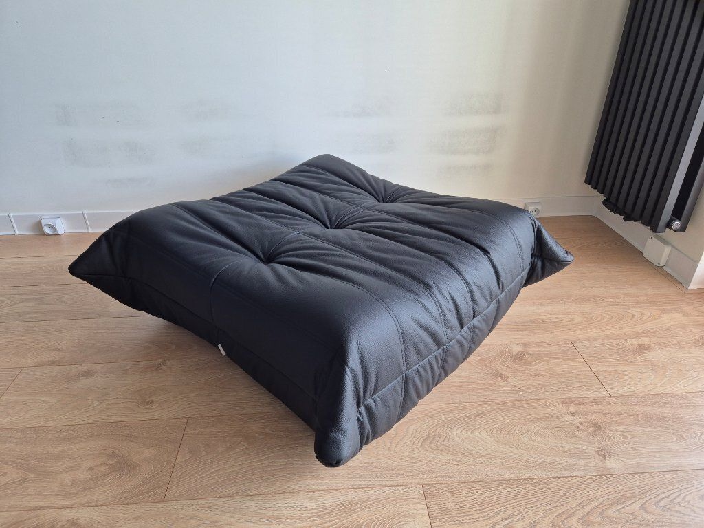 Michel Ducaroy For Ligne Roset Black Leather Togo Sofa And Pouf, Set Of 2 photo vintage