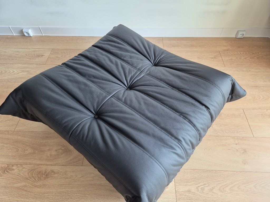 photo for sale Michel Ducaroy For Ligne Roset Black Leather Togo Sofa And Pouf, Set Of 2