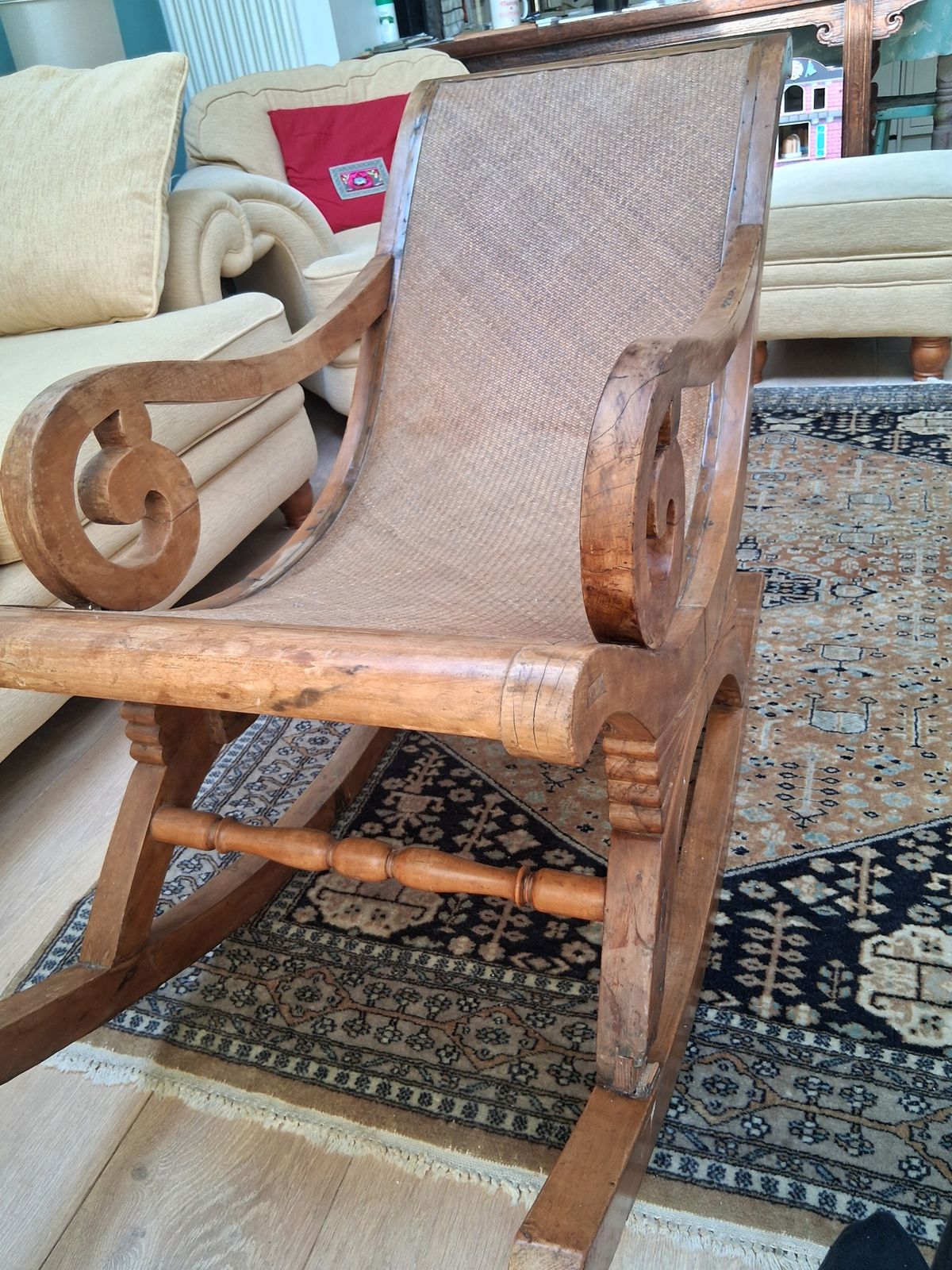 Shanghainese Art Deco Rocking Chair Applewood And Cane. Slight Damage.