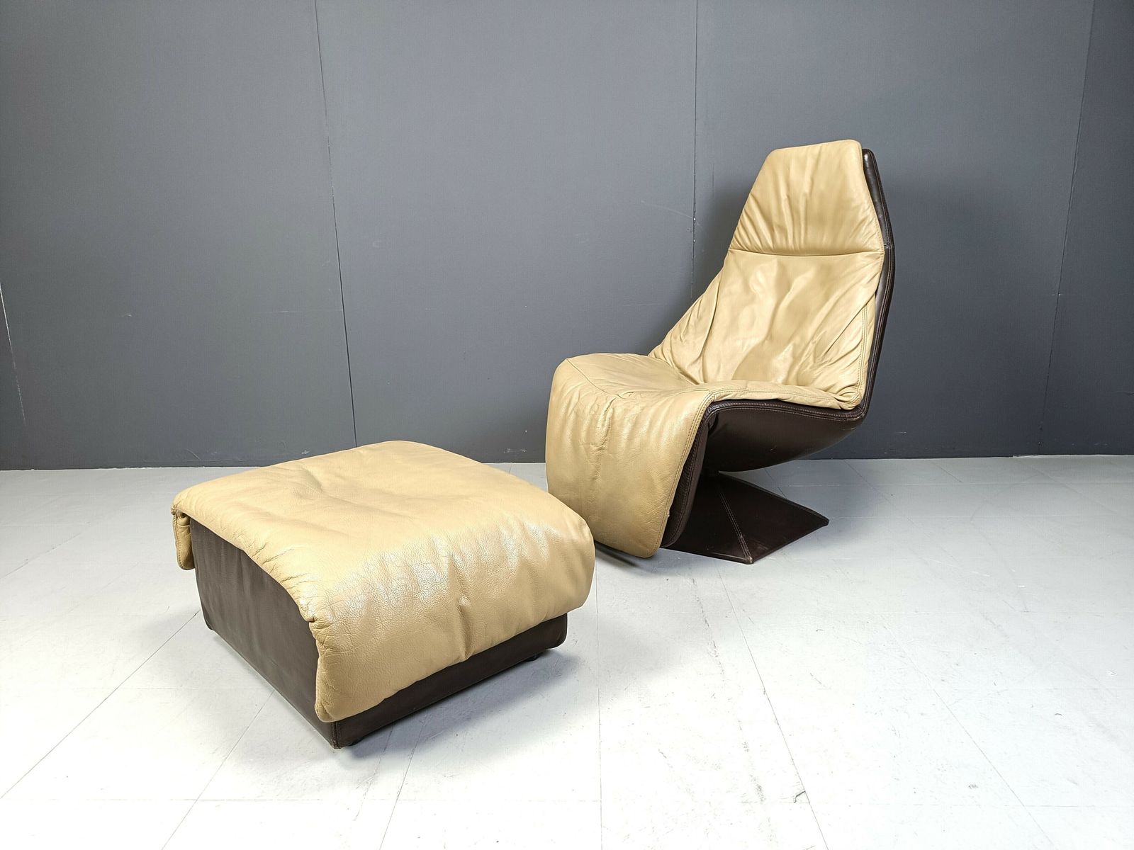 photo for sale Vintage Leather Swivel Chair With Ottoman, 1970s
