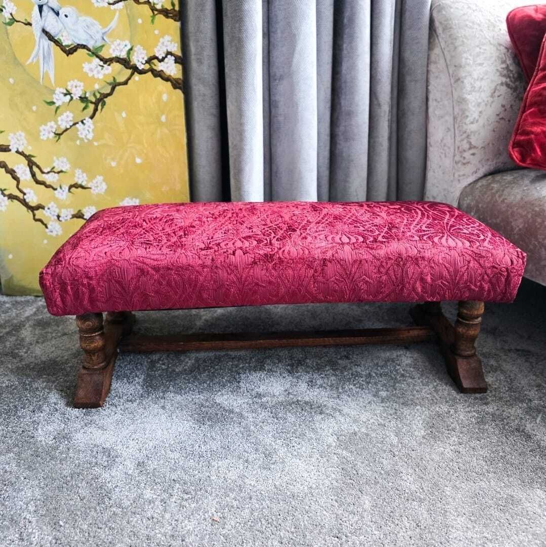 Antique Oak Hearth / Fender / Foot Stool. Oak Wood Frame, Legs And Stretcher. Reupholstered In An Art Nuveaux Chenille.