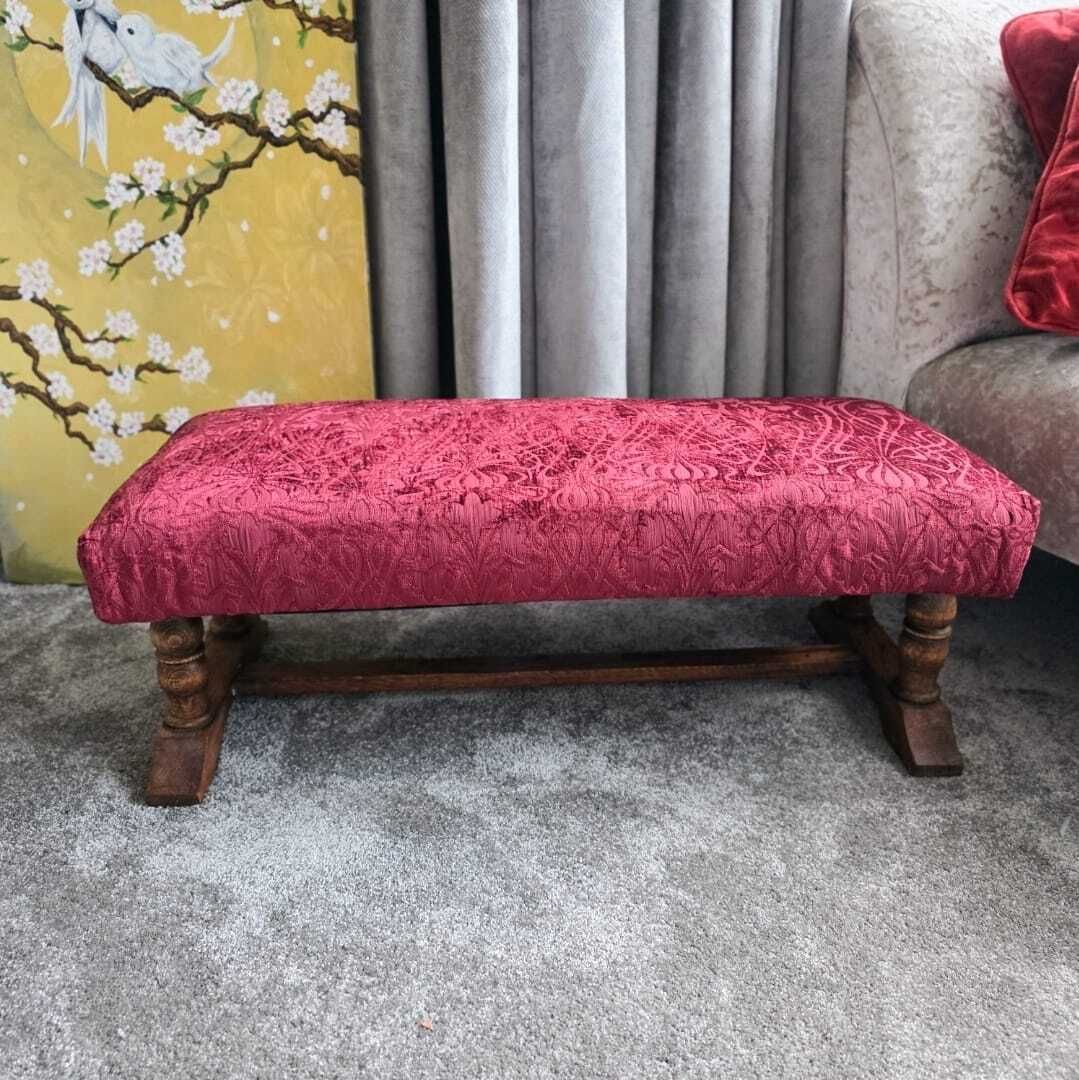 Antique Oak Hearth / Fender / Foot Stool. Oak Wood Frame, Legs And Stretcher. Reupholstered In An Art Nuveaux Chenille. photo Furniture