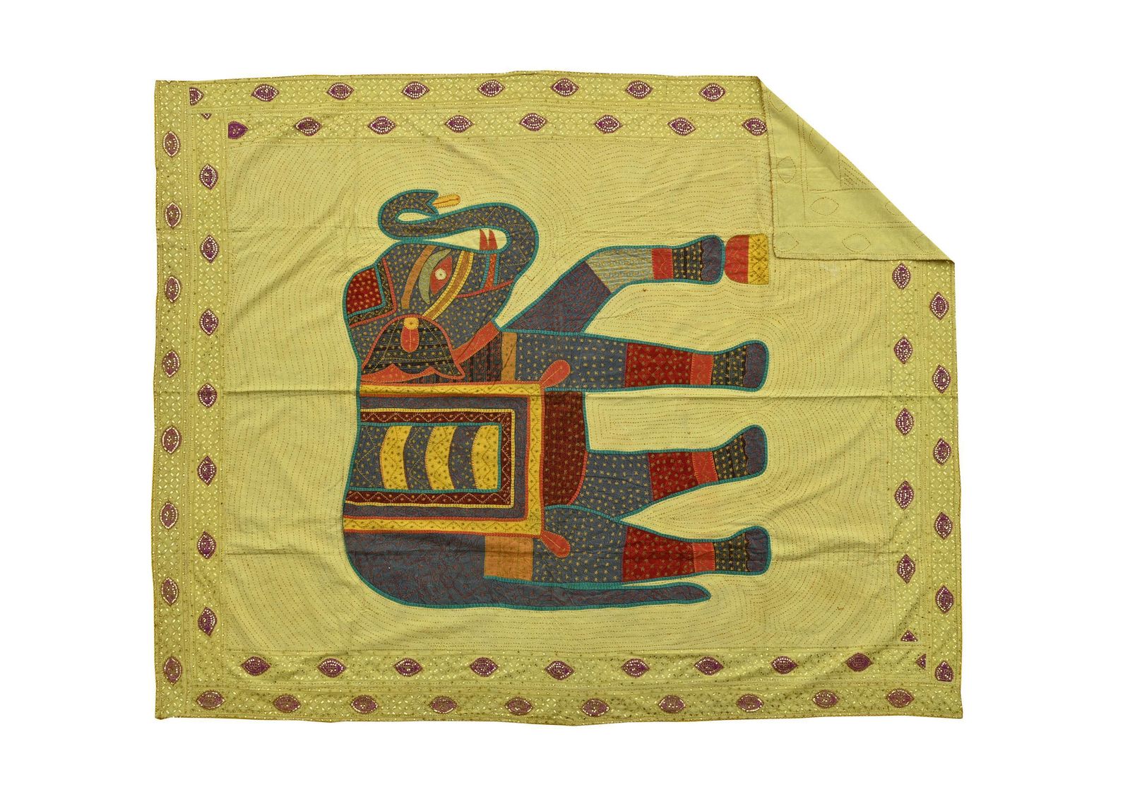 Vintage Elephant Print Cotton Bedcover – Handmade Yellow Indian Bed Sheet, Boho Animal Tapestry photo for sale