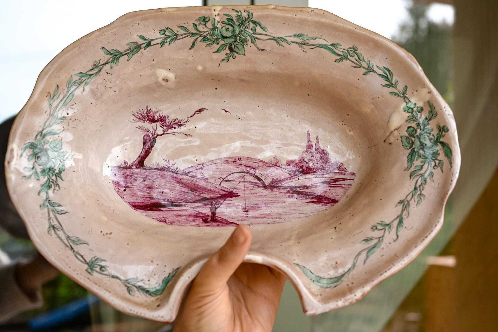 Antique Maiolica Barber Oval Dish, 18th Century — Manganese Landscape, Green Floral Border photo Home Decor
