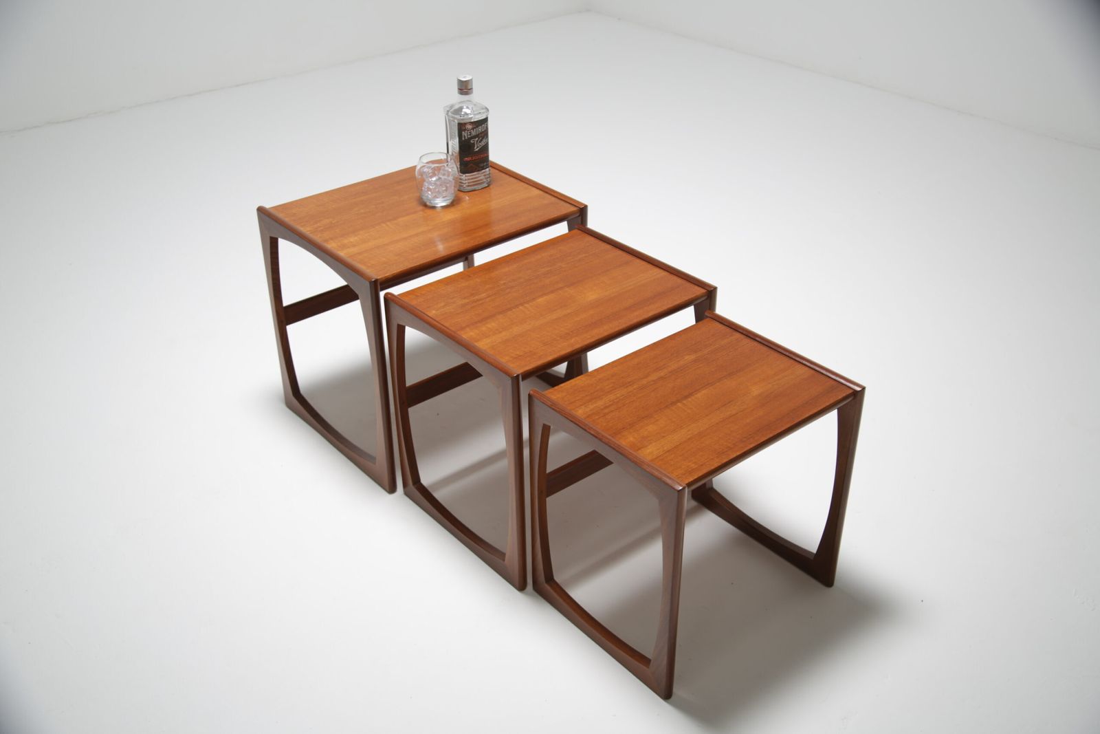 photo for sale G Plan Quadrille Nest Of Tables: Iconic Teak & Afromosia ‘Sled Leg’ Trio By R. Bennett, Uk, 1960s