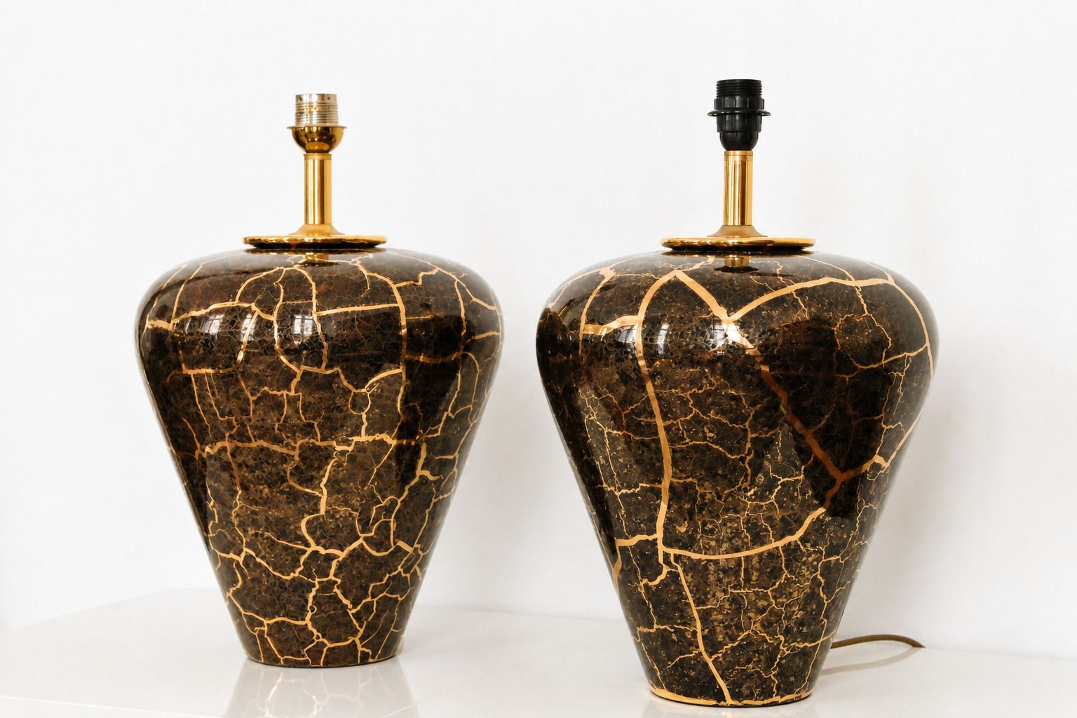 20th Century Pair Of Baluster Shaped Table Lamps In Glazed Black & Gold Ceramic photo for sale