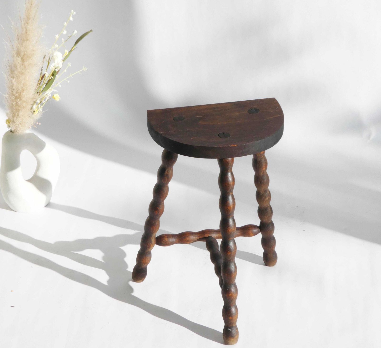 French Antique Bobbin Stool, Wooden Milking Stool, Tripod Barley Twist Stool, Farmhouse Decor