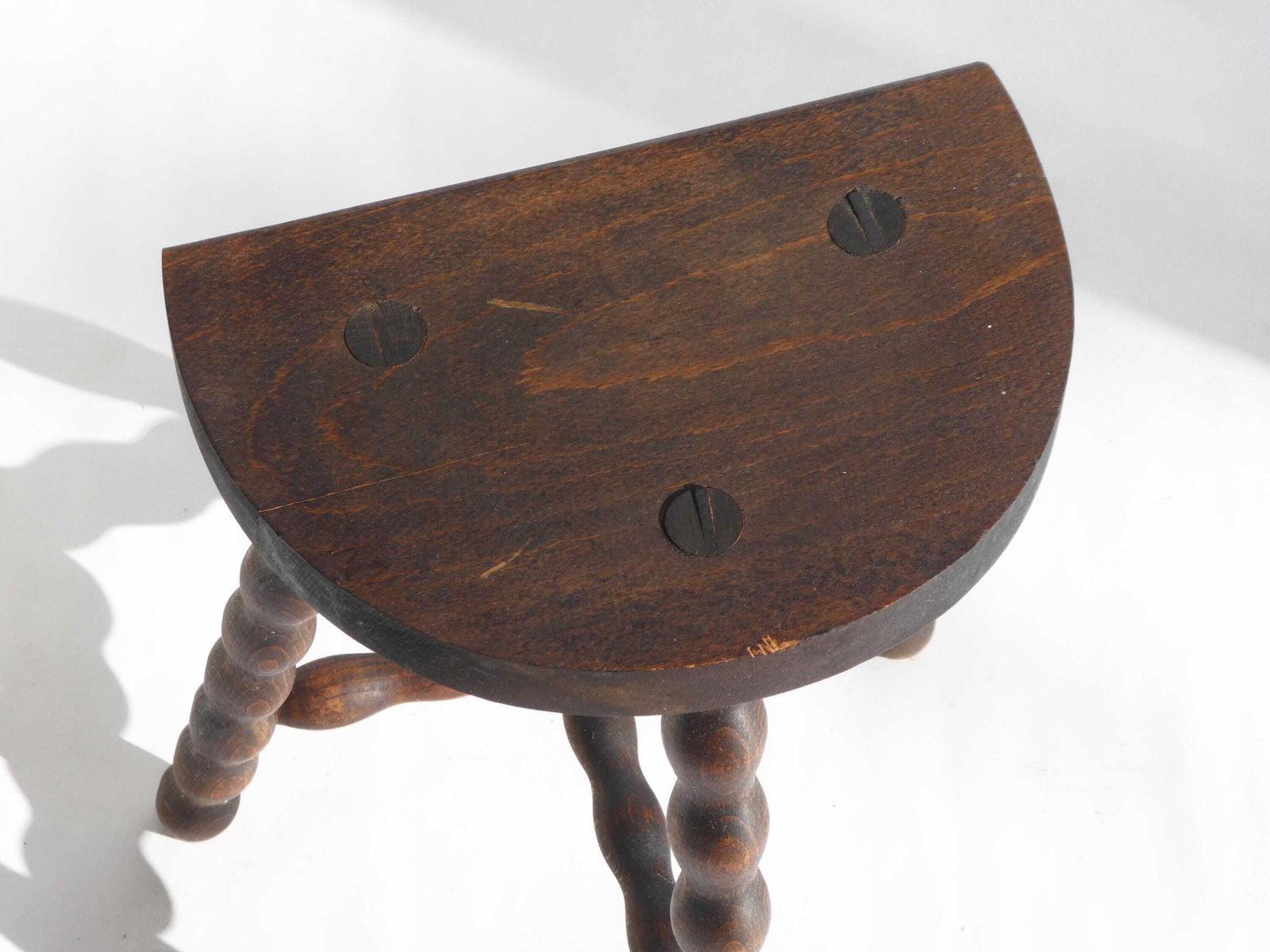 French Antique Bobbin Stool, Wooden Milking Stool, Tripod Barley Twist Stool, Farmhouse Decor photo for sale