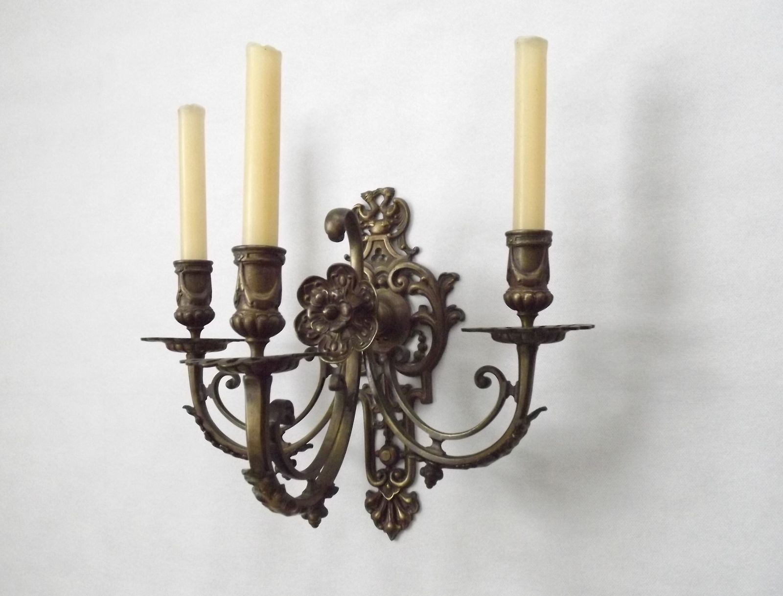 Pair Of Large Heavy Victorian Bronze Triple Wall Sconces Griffin Acanthus & Flower Detail photo vinterior