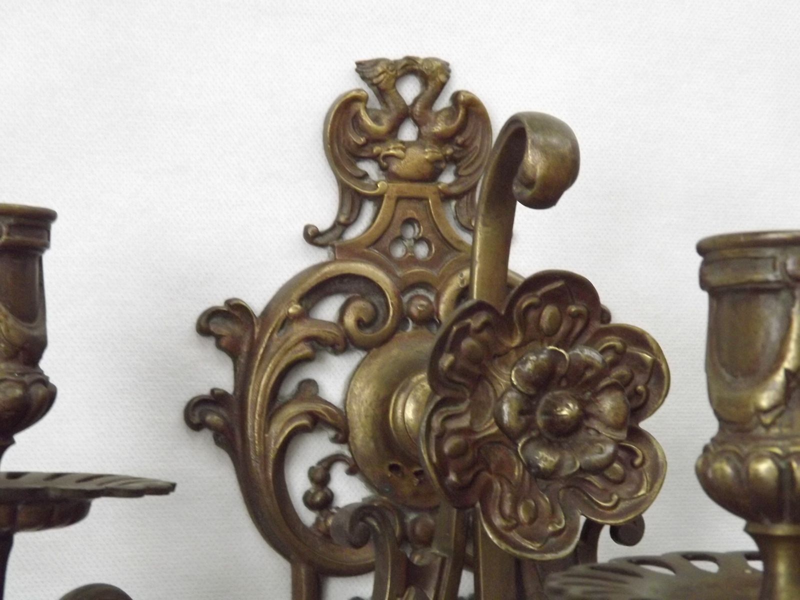 Pair Of Large Heavy Victorian Bronze Triple Wall Sconces Griffin Acanthus & Flower Detail photo buy