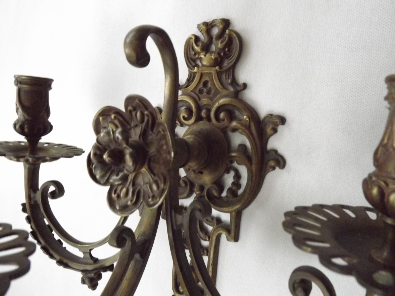 photo vintage Pair Of Large Heavy Victorian Bronze Triple Wall Sconces Griffin Acanthus & Flower Detail