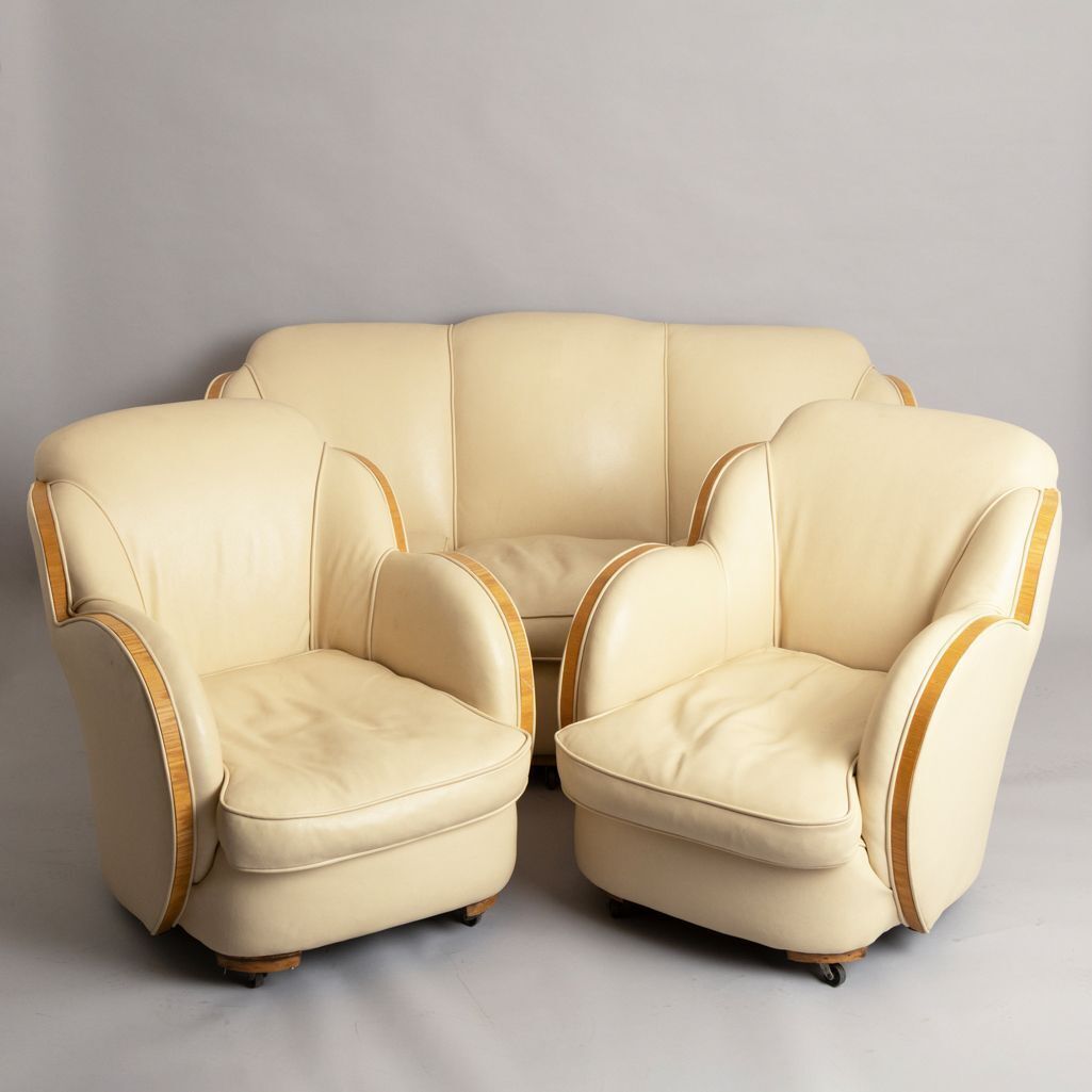 Art Deco 'Cloud' Living Room Suite In Cream Leather By Harry & Lou Epstein, Comprising Of Sofa & Two Armchairs photo furniture