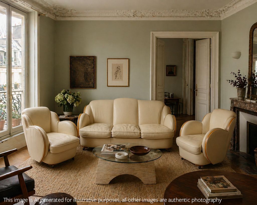 Art Deco 'Cloud' Living Room Suite In Cream Leather By Harry & Lou Epstein, Comprising Of Sofa & Two Armchairs photo for sale